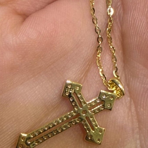 Silver gold-plated cross with chain and zircon, new