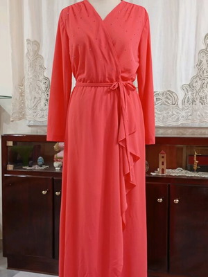 Vintage 70s Maxi Dress Coral with Strass and Elastic Waist
