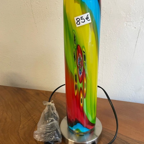 Modern lamp with blown glass cylinder and metal base like new