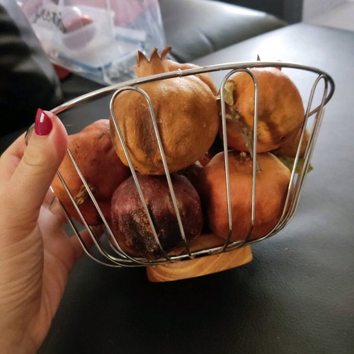 Inox fruit bowl with wooden base like new