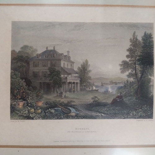 Hand-colored lithograph of Lord Byron's residence at Diodati used, 1833