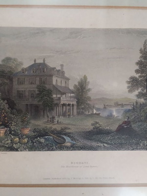 Hand-colored lithograph of Lord Byron's residence at Diodati used, 1833