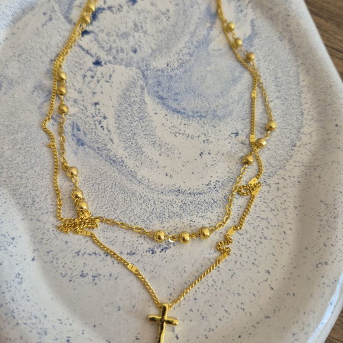 Gold double rosary-style necklace with cross, stainless steel