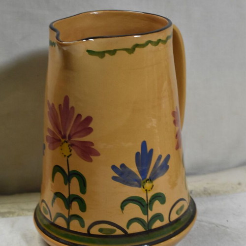 Handmade ceramic jug with painted flowers like new