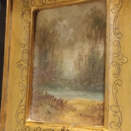 Oil painting by G. Skourlis used, miniature landscape in ornate vintage frame