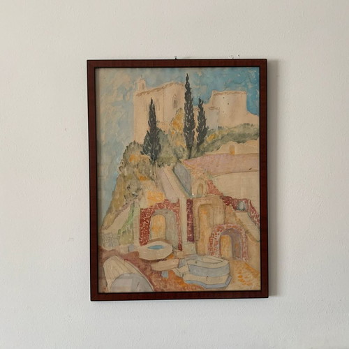 Watercolour painting used with Italian countryside theme, wooden frame