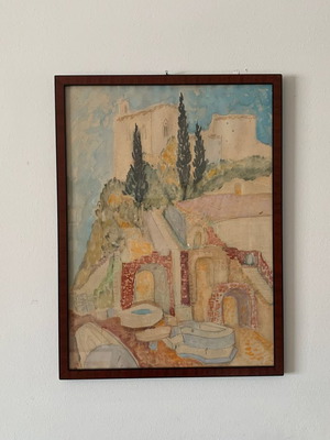 Watercolour painting used with Italian countryside theme, wooden frame