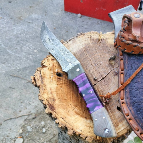 Handmade kukri style hunting knife Damascus steel with leather sheath