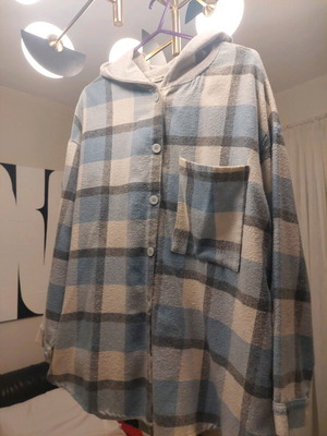 Φανελένιο πουκάμισο Zara μεταχειρισμένο, μέγεθος M/L, με κουκούλα, γκρι και μπλε