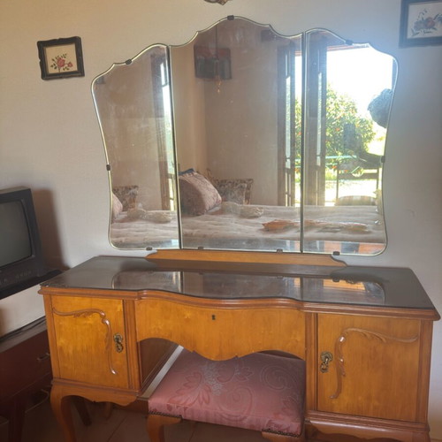 Vintage wooden dressing table with folding mirror and stool