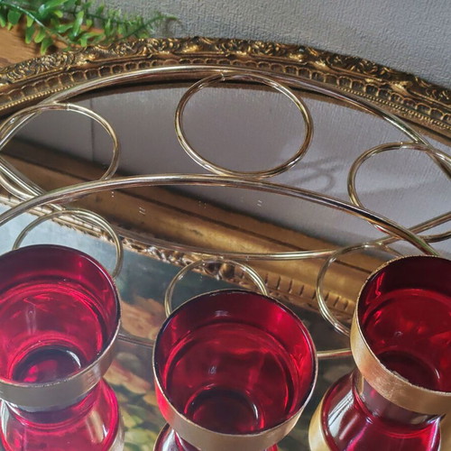 Vintage Carousel candle holder for 3 tealight candles, ruby glass and gold