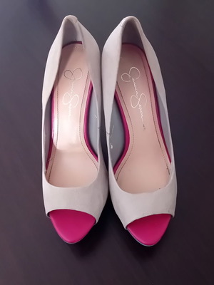 Jessica Simpson peep-toe pumps used, color-block style Beijo