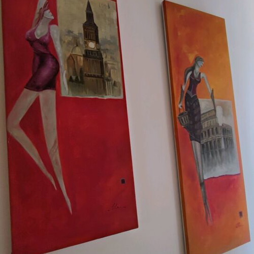 Canvas paintings like new, set of 4 in red-orange shades
