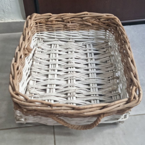 Wicker basket large natural brown and white with handles like new