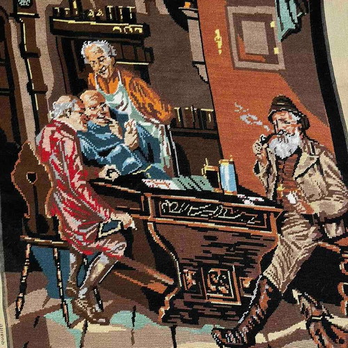 Handmade embroidery scene in tavern with card players like new