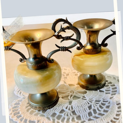 Collectible mini amphorae set of 2 used, onyx and bronze, 8cm