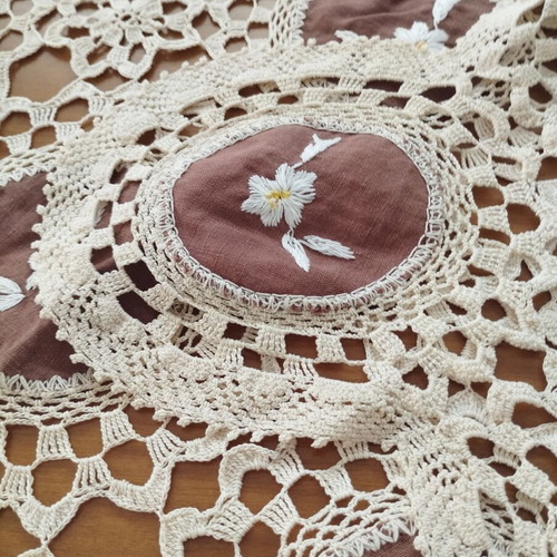 Vintage handmade crochet table linen with brown embroidered motifs, 70x70 cm