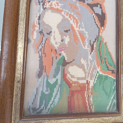 Vintage embroidered handmade textile painting from the 60s used
