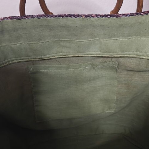 Straw beach bag with wooden handles used, multicolor