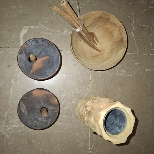 Muubs wooden serving set with bowl, cutlery and ceramic salt shaker