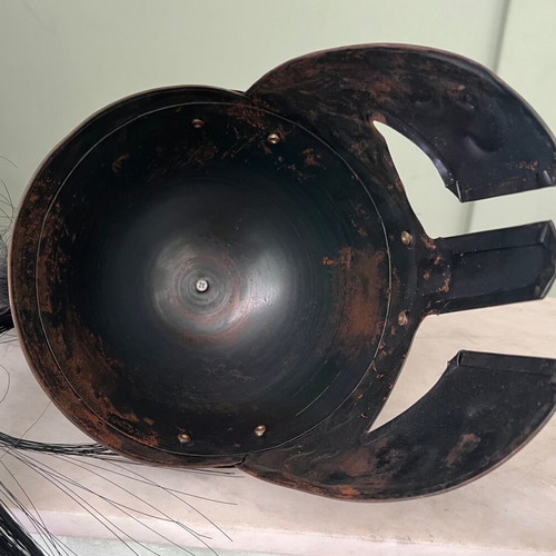 Tin helmet used with copper parts and wooden crest