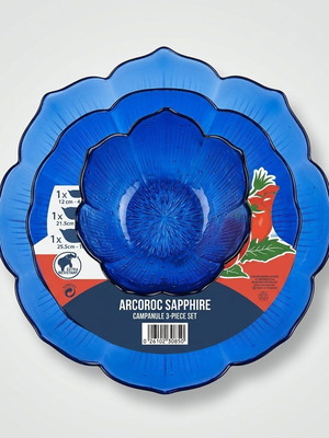 Set of 3 new blue glass platters with flower design