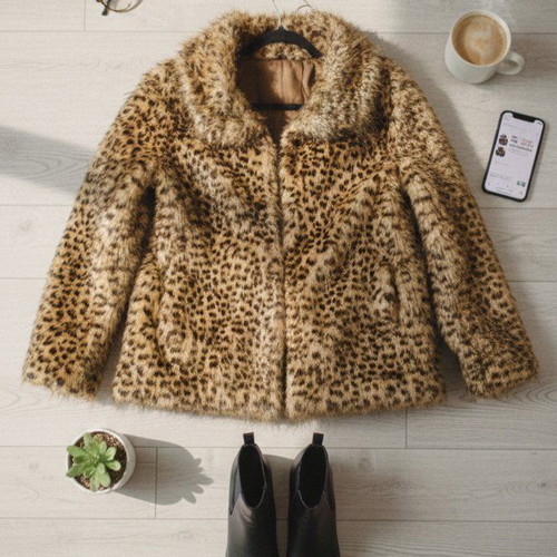 Synthetic leopard fur jacket used with zipper, short length
