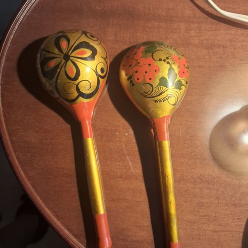 Vintage Russian Khokhloma wooden spoons set of 2