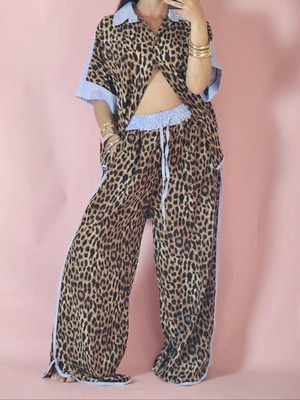 Leopar σετ onesize πουκάμισο και παντελόνι καινούργιο, μπλε και καφέ