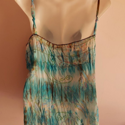 Fairycore forest-inspired top with asymmetric flower brooch, turquoise and brown