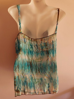 Fairycore forest-inspired top with asymmetric flower brooch, turquoise and brown
