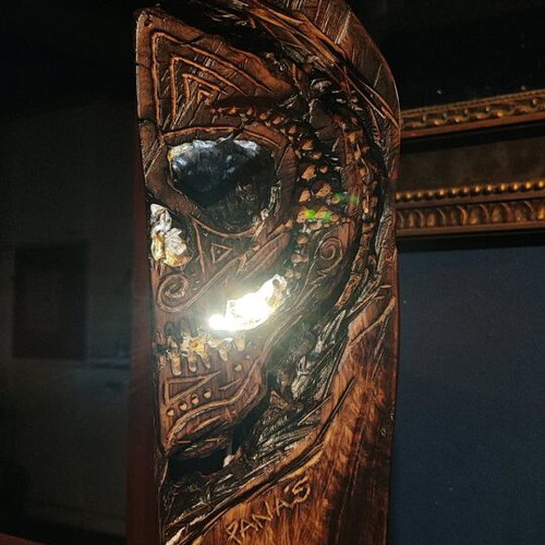 Handmade wooden carved table lamp skull with led lighting