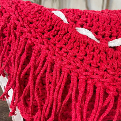 Boho crossbody bag red handmade with fringe and knitted material