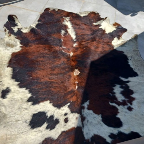 Cowhide rug used, cleaned, 2.20x2 m, natural brown-white pattern