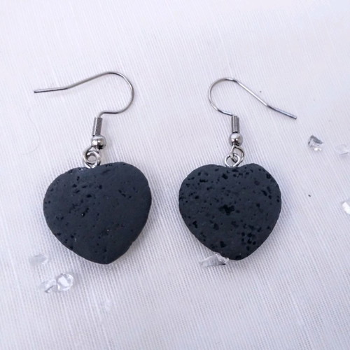 Heart earrings made of black lava new with stainless steel hooks