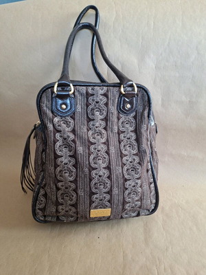 Tous shoulder bag used, brown with fabric pattern and leather details