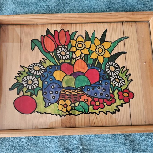 Wooden Easter Serving Tray with Glass Surface and Colorful Design