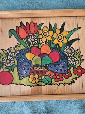 Wooden Easter Serving Tray with Glass Surface and Colorful Design