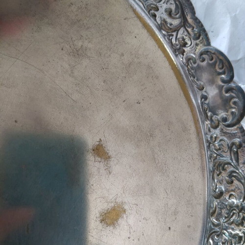 Silver-plated antique handmade tray used, diameter 34 cm