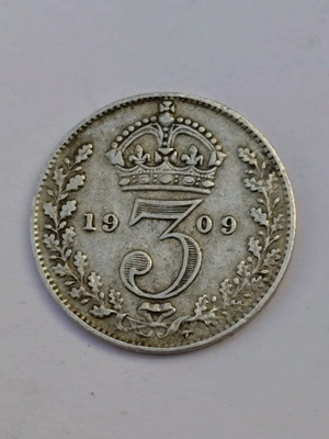 Silver coin 3 pence 1909 used, United Kingdom