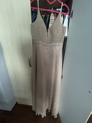 Maxi evening dress rose gold nude with pearls and shimmer, size 14 L-XL