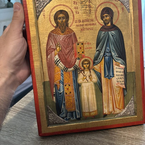 Handmade icon of Raphael Nikolaou and Eirini with 925 silver decoration used