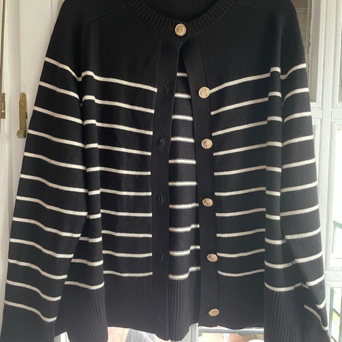 Zara Striped Cardigan L Black-Beige Like New With Gold Buttons