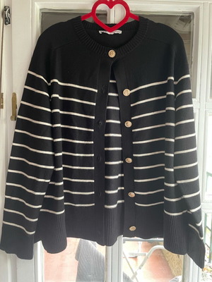 Zara Striped Cardigan L Black-Beige Like New With Gold Buttons
