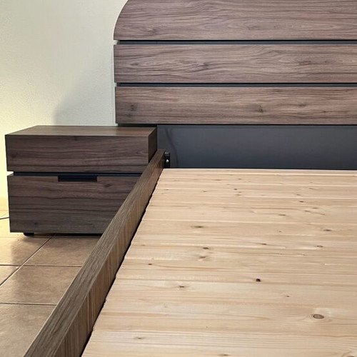 Double bed with bedside table set, wood veneer beige brown
