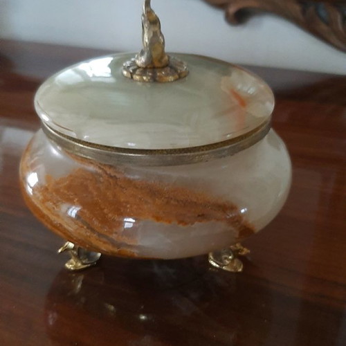 Decorative item used, green onyx with gold legs and handle