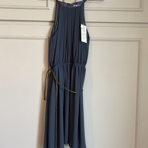 Dress new gray crepe with cutout shoulders and belt