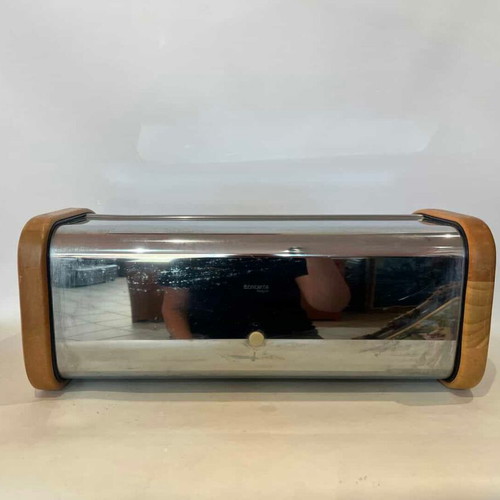 Brabantia bread box used, stainless steel with wooden details 19x47x27