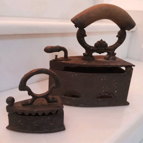 Old charcoal irons used, set of two, cast iron