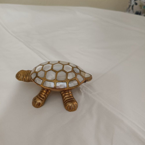 Brass turtle decoration with shell inlay